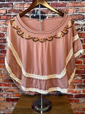Vintage Jayli Mauve Taupe Embroidered Crochet-Trim Tunic Top Size Small